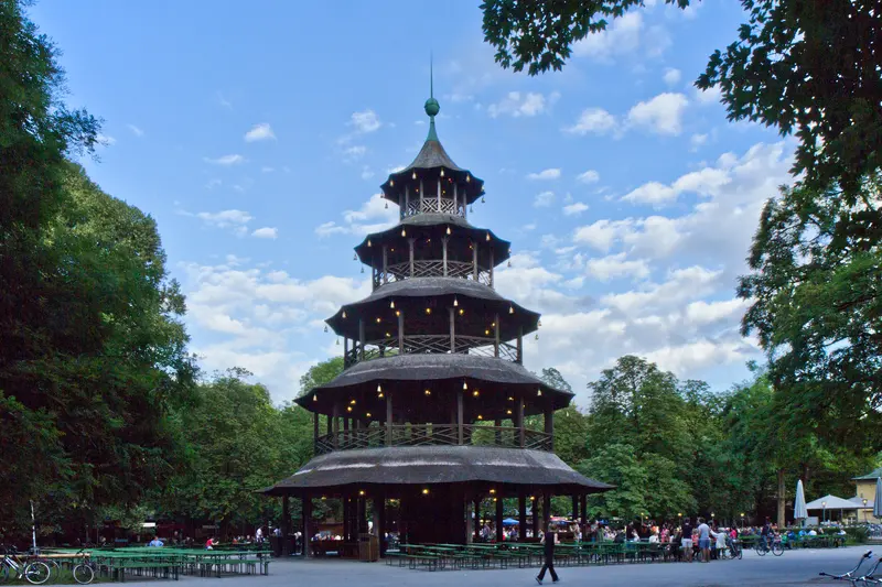 The five-tiered wooden Chinesischer Turm pagoda rising over the beer garden in Munich's English Garden