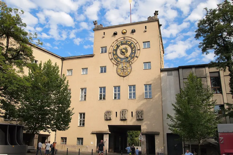 The clock-tower entrance facade of the Deutsches Museum on its island in the Isar, Munich